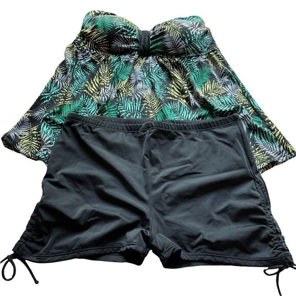 Perona NWT 2 piece swim suit 18W top Blk/grn/ylw fronds, shorts black side ties - Picture 1 of 12